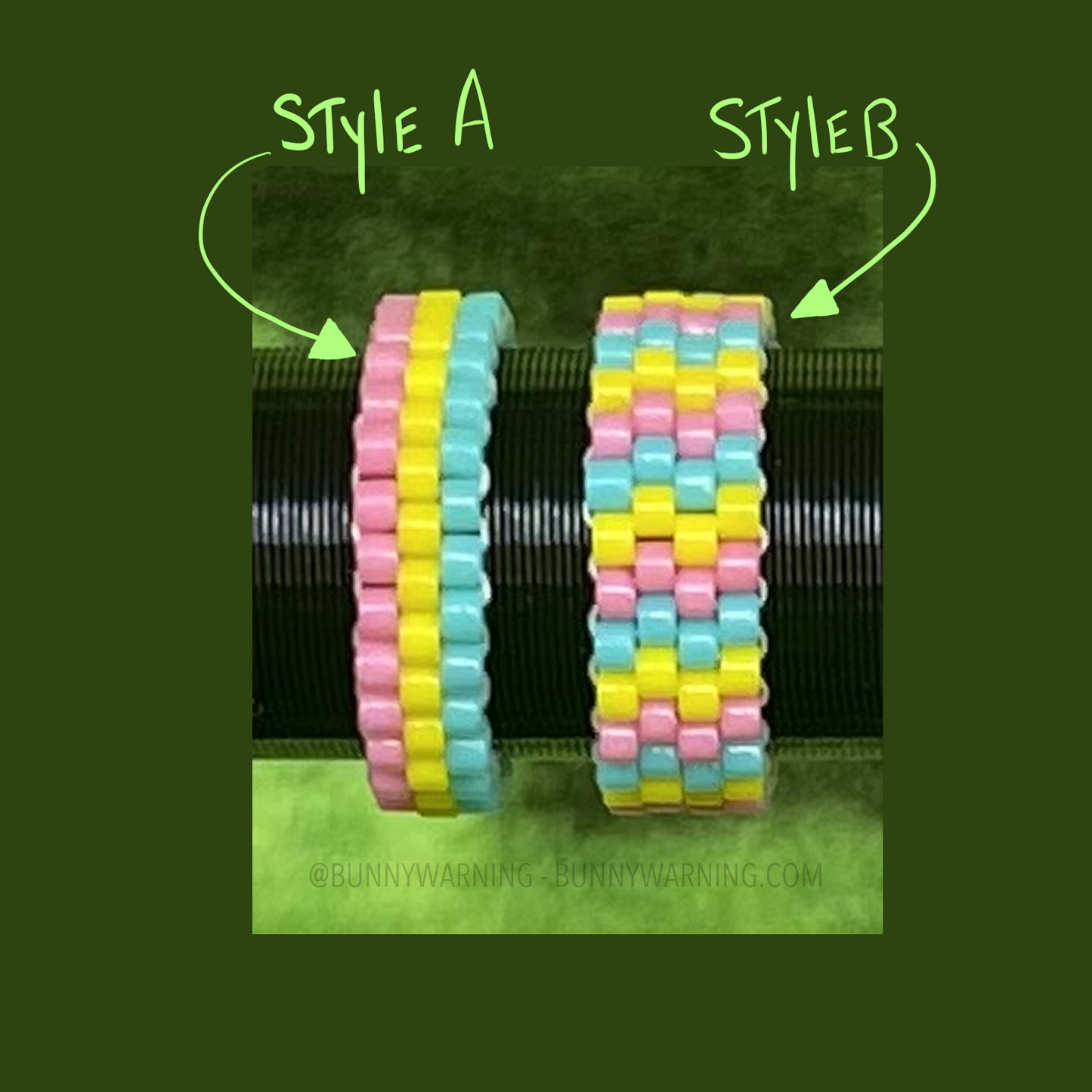 A close up photo of two beaded rings. the first ring is thinner than the second and has the color way striping vertically, whereas the 2nd ring is slightly thicker than the first and has its color way striping horizontally, causing it to repeat vertically. the first ring is labeled STYLE A and the 2nd ring is labeled STYLE B.